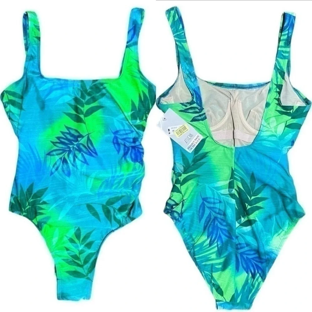 NWT Athena One Piece Tropical Blue & Green Foliage Pattern Swimsuit Size 10
